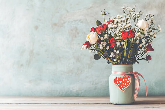 Romantic bouquet of red and white roses in a jar with heart decoration