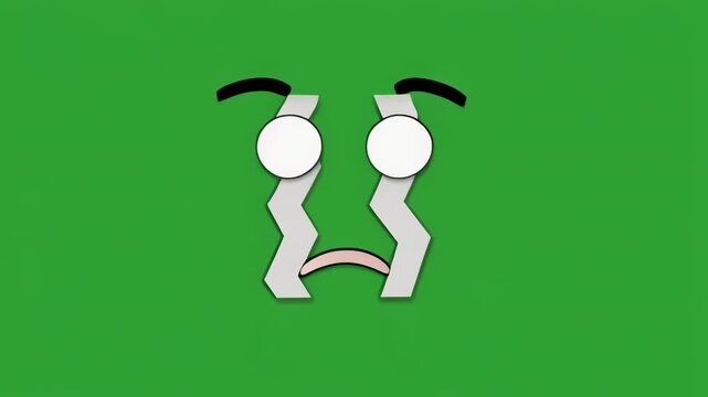 Animated Sad Face Expressing Sorrow with Tears Falling on Green Screen Background