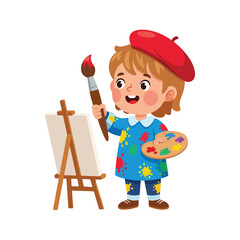 A young boy wearing a red beret and a paint-splattered blue smock happily paints on a blank canvas while holding a palette and brush.