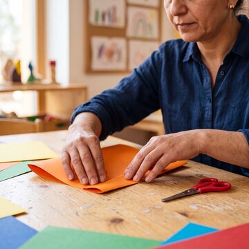 Nahaufnahme der H&auml;nde einer Frau die in einem Bastelraum orangefarbenes Papier auf einem Holztisch faltet