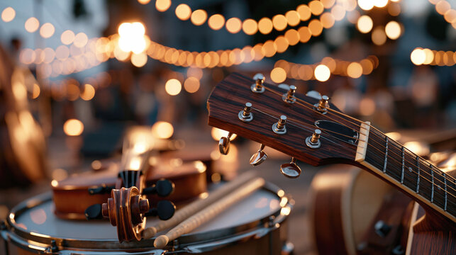 Acoustic guitar, violin, and drumsticks rest among percussion instruments beneath warm festive string lights at an intimate evening venue. Selective focus.