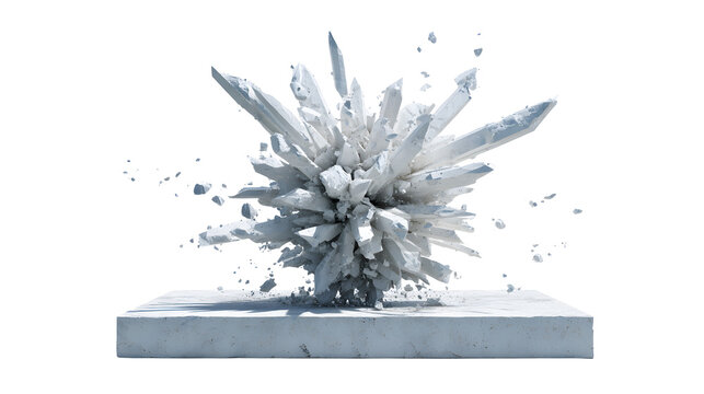 Crystalline structure violently exploding on concrete pedestal with depicts crystalline destruction background shattering explosion fragments