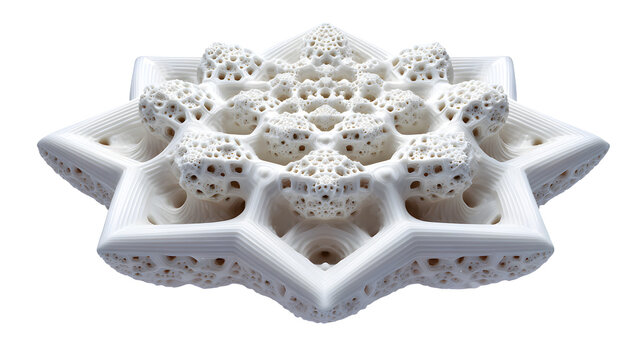 Intricate white fractal sculpture with repeating geometric pattern with protrusions mathematics technology complexity structure abstract with design