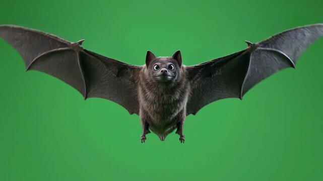 Bat flying in cinematic motion against a green screen background with wings spread wide