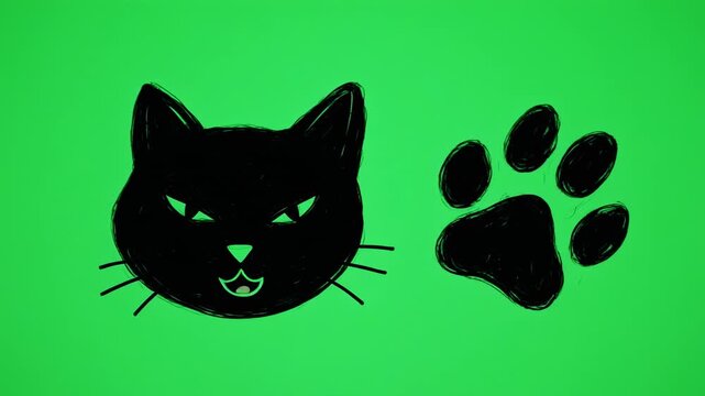Black Cat Silhouettes with Paw Prints on Green Background Abstract Motion Graphic