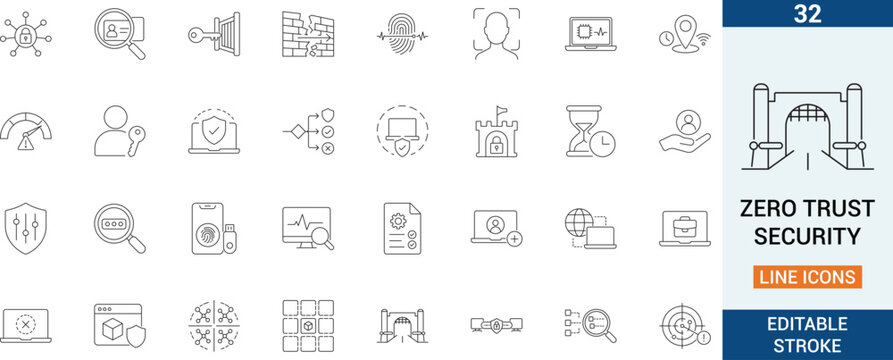 Zero trust security thin line icon set with editable strokes, featuring identity checks, least privilege, device trust, segmentation, and monitoring for secure IT platforms.