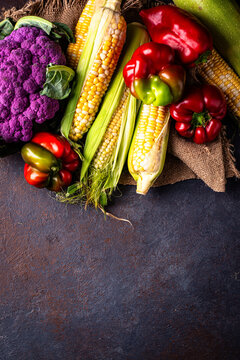 Corn, pepper, cauliflower and zucchini, farm vegetabl