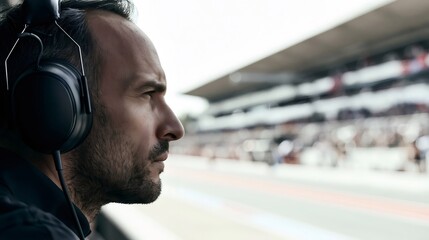 Fototapeta premium Man watching car race with headphones on track sideline