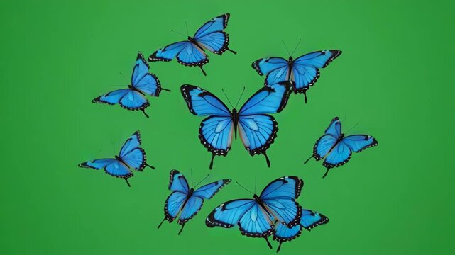 Blue butterflies in cinematic motion forming a circular pattern against a vibrant green backdrop during daylight