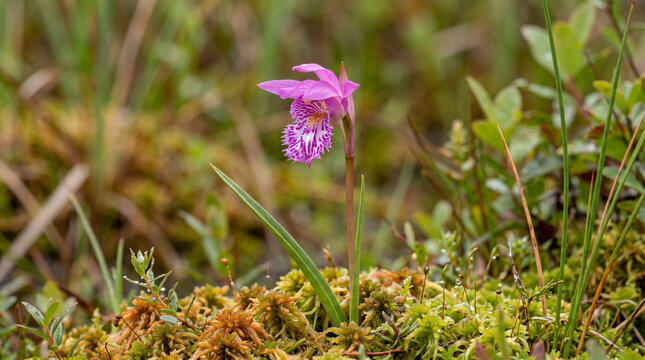 Rare pink wild orchid in nature. Calypso bulbosa flower blooming in a mossy forest.