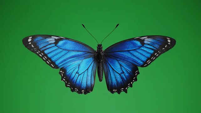 Blue Morpho Butterfly in Flight with Gentle Wing Flaps Against Green Background