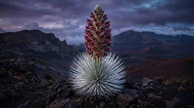 Rare silversword plant blooming on volcanic terrain. Exotic alpine flora in mountain landscape.