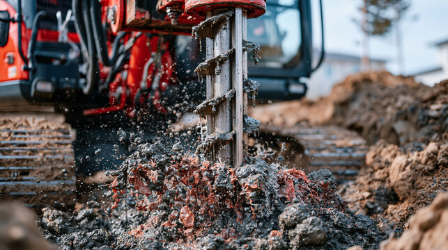 Modern heavy machinery drilling an artesian well on open land, thick mud and groundwater splashing from the borehole, excavated trenches and compacted soil surrounding the drilling site, clear midda