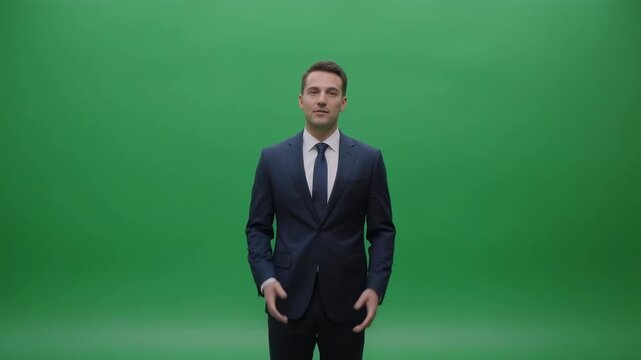 Businessman in suit stands in green screen studio with subtle motion representing corporate identity and professional presentation