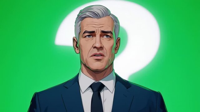Businessman's diverse facial expressions against a green question mark background with cinematic motion