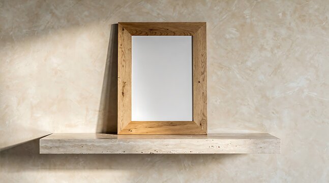 Empty wooden picture frame on a shelf with soft light and shadow.