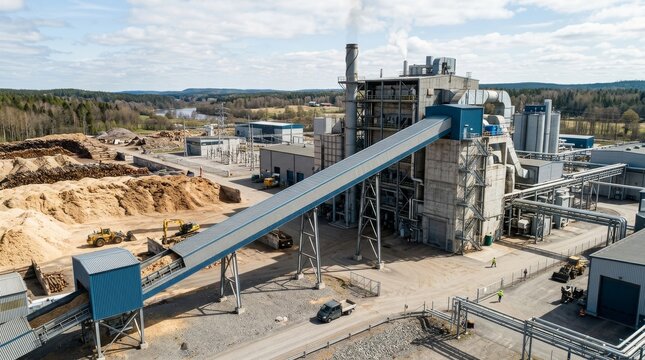 Aerial view shows a large cement plant with a long blue conveyor belt.