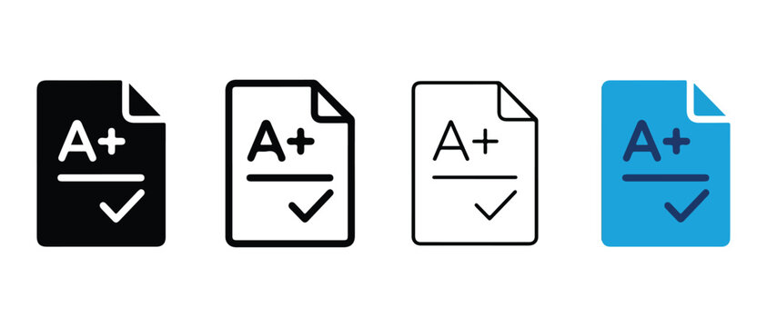 document icons showing top grade A plus with checkmark symbol for approval or success indication