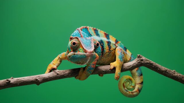 Chameleon changing colors on a branch with a soft green background during a slow camera pan with selective focus