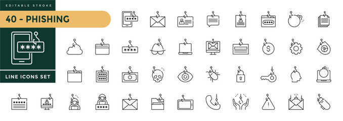 A collection of Phishing icons set with editable stroke, including scam, money theft, data leakage, thief, cybercrime, password hacking. Thin linear vector illustration © Trisula Icons