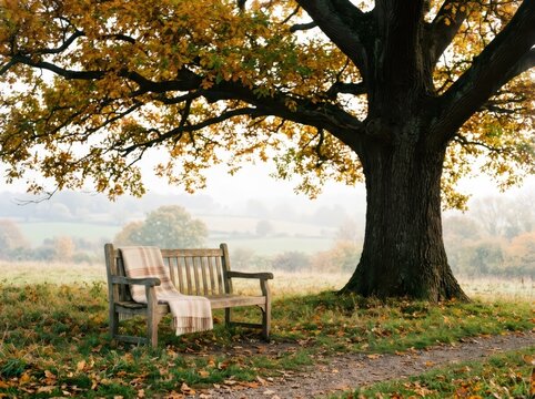 Wooden park bench with a warm blanket under a large golden oak tree in autumn. Quiet landscape scene in a meadow during fall season. Concept of relaxation, solitude and nature.