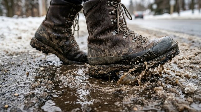 Two muddy boots step through a muddy puddle on a wet road.