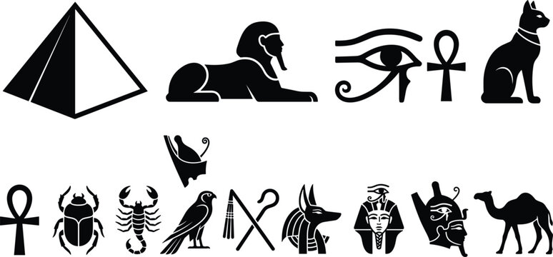 Ancient Egyptian culture black silhouette icon set featuring pyramid sphinx ankh horus eye scarab and pharaoh vectors