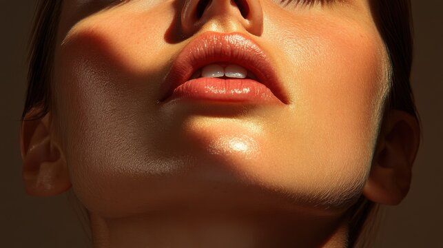 Close-up of a woman's face illuminated by dramatic sunlight, highlighting her lips and cheekbones