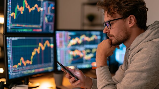 Investor uses phone at home, watching Bitcoin charts and trading crypto.