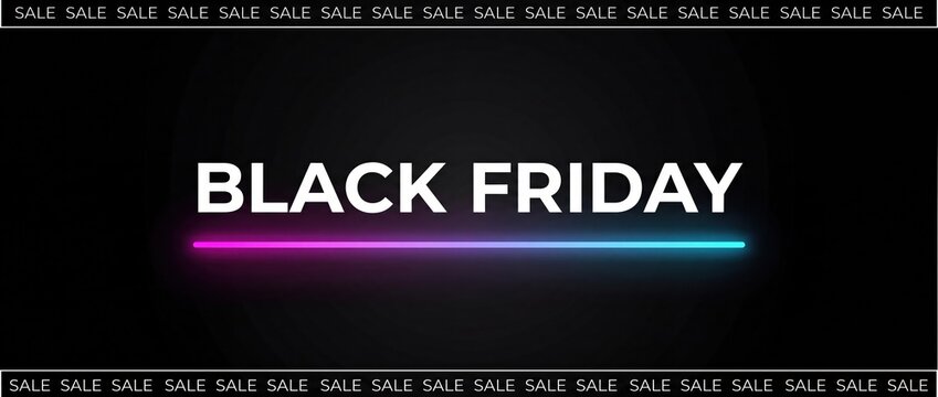 Black friday sale promotional banner with neon pink and cyan glowing line design concept