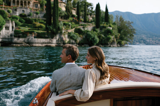 A beautiful couple sits on a sleek boat while enjoying a picturesque view of lush green hills and luxurious villas along the serene lake shoreline under the sun.