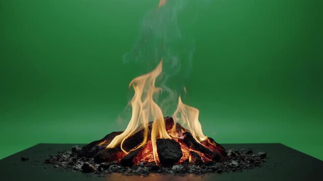 Cinematic campfire flames burning brightly with smoke against a vibrant green screen background for easy compositing