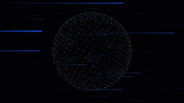 Digital globe particle sphere with blue glitch distortion streaks for cybersecurity network technology.