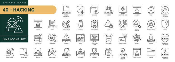 A collection of Hacking icons set with editable stroke, including shield, crime, spyware, hacker, virus, hacking, phishing, threat, attack, protect. Thin linear vector illustration © Trisula Icons