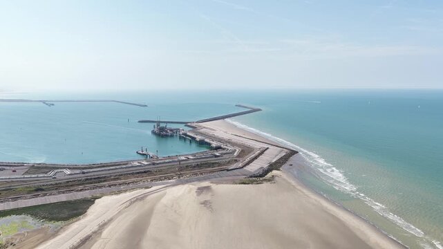 Aerial view of dunkirk harbor and beach sand dunes