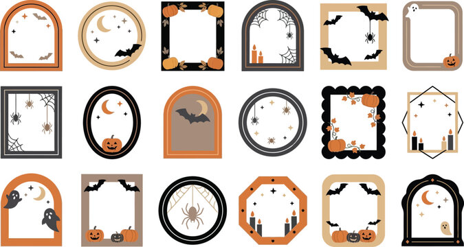 Set of decorative halloween border frames with pumpkins bats spiders and spooky elements Vector