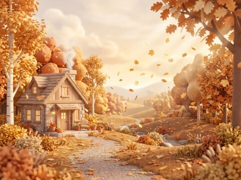 Small cozy stone cottage in autumn forest. Rural house with smoking chimney surrounded by golden trees and falling foliage. Landscape scenery for seasonal home decor and comfort concept.