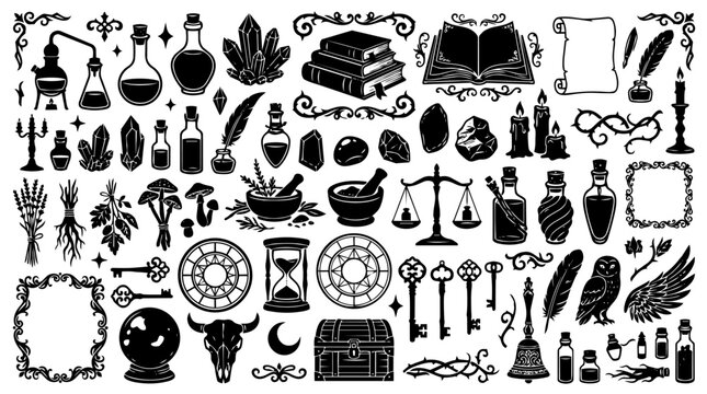 Mystical Halloween Alchemy Silhouette Collection with Potion Bottles, Crystal Clusters, Ancient Books and Gothic Magical Vector Elements Transparent