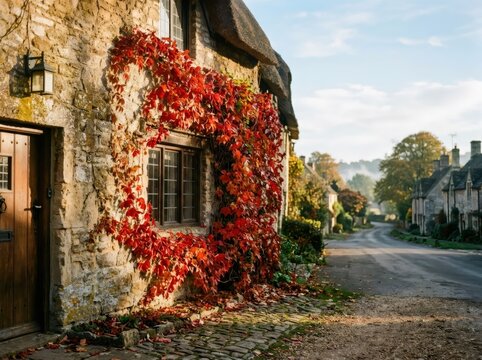 Old stone cottage with red ivy leaves on facade during autumn. Rustic village house architecture with traditional thatched roof in English countryside. Peaceful rural landscape scene.