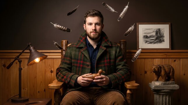 Bearded man in plaid jacket holding a wooden duck with floating feathers