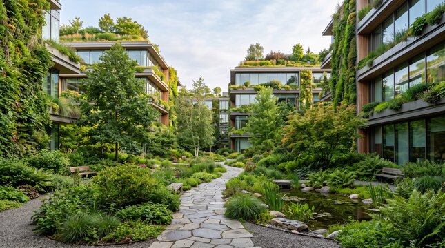 Modern office courtyard featuring biophilic architecture, green infrastructure, and climate-resilient design for ESG reporting, sustainable real estate, and corporate communication.