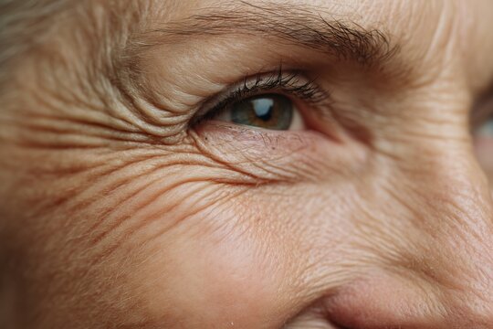 Senior woman eye. Close-up of crow's feet wrinkles on skin, showing aging process and natural texture