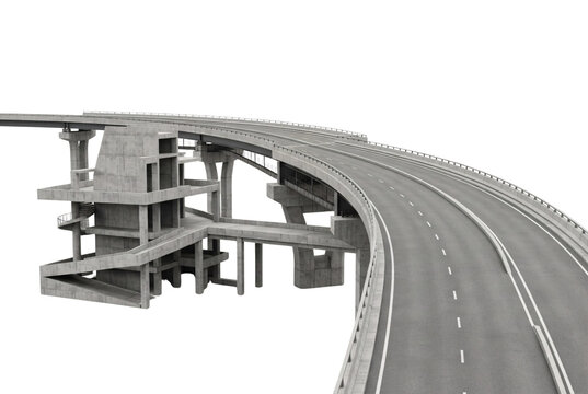 Modern concrete elevated highway bridge overpass structure isolated 3d architectural cutout render.