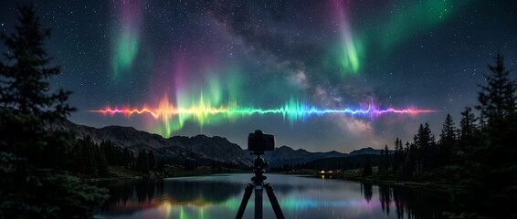 Camera on tripod capturing colorful aurora borealis and sound wave overlay © Sang