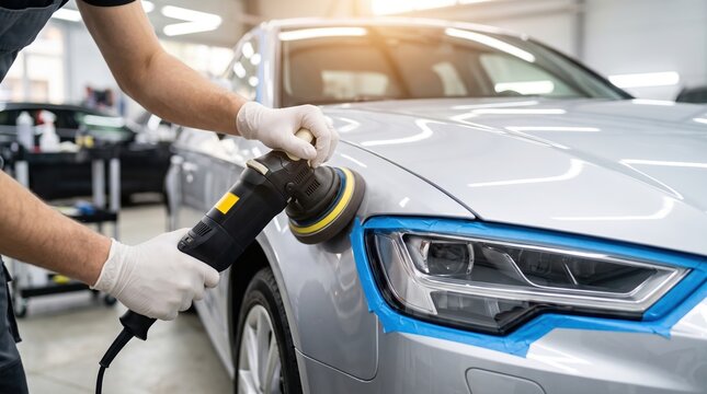 A technician uses a polishing machine on the surface of a silver car in a workshop. The car is being detailed with care. The scene shows a busy environment with tools around