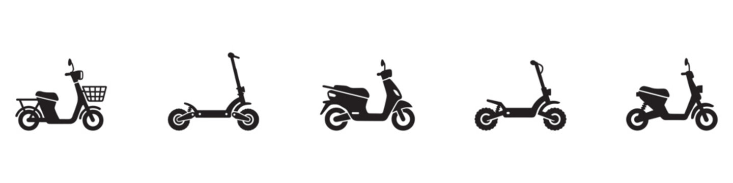Electric scooter silhouette icon set. Motor scooter and moped symbol. Urban transportation collection. Eco mobility sign. Vector Illustration. Vector Graphic.