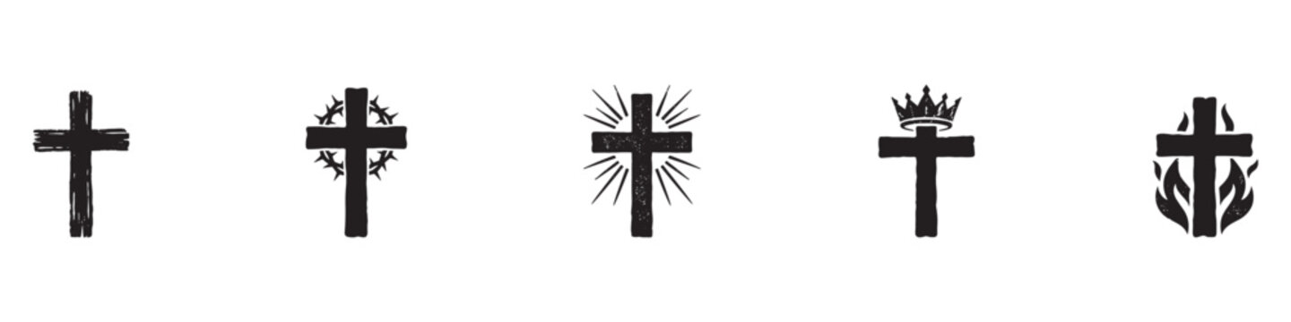Christian cross icon set. Religious crucifix symbol. Faith crown and fire collection. Spiritual church sign. Vector Illustration. Vector Graphic.