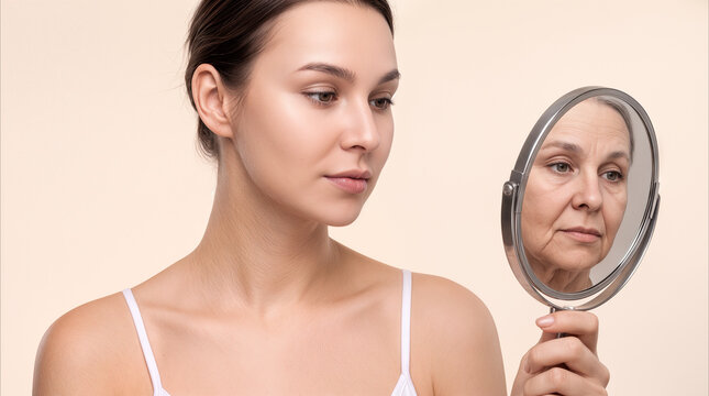 Adult woman looking into hand mirror seeing reflection of herself as senior citizen. Aging process and skincare concept for beauty industry.