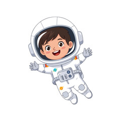 A cheerful young boy dressed in a white astronaut suit floats happily in zero gravity, smiling and waving in this vibrant vector illustration.