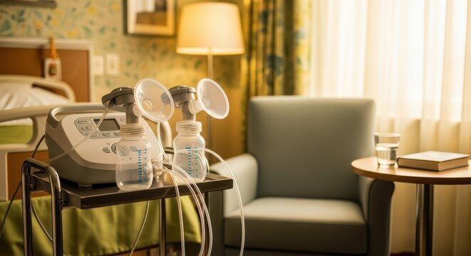 Hospital room with breast pump and supplies, conveying modern maternity care and recovery.